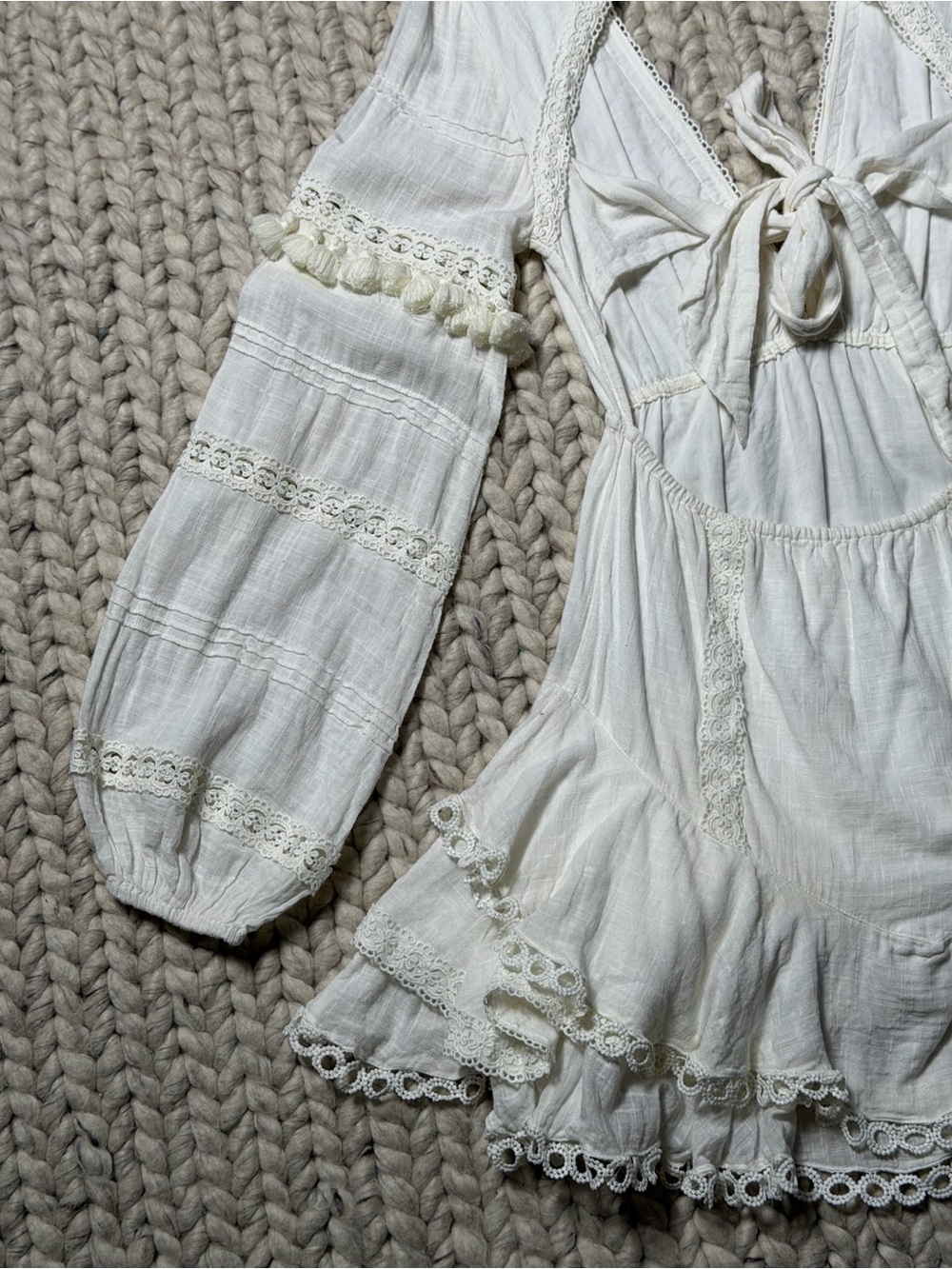 HEMANT & NANDITA-Boho Lace Trim White Mini Dress - Picture 6 of 8